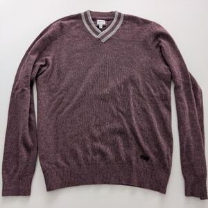 Armani Collezioni 100% Cashmere Light Burgundy With Gray Striped Ribbed V-Neck